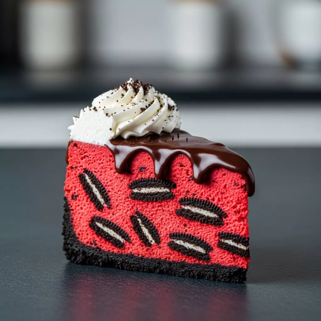 Macro shot of a slice of red velvet oreo cheesecake with chocolate ganache