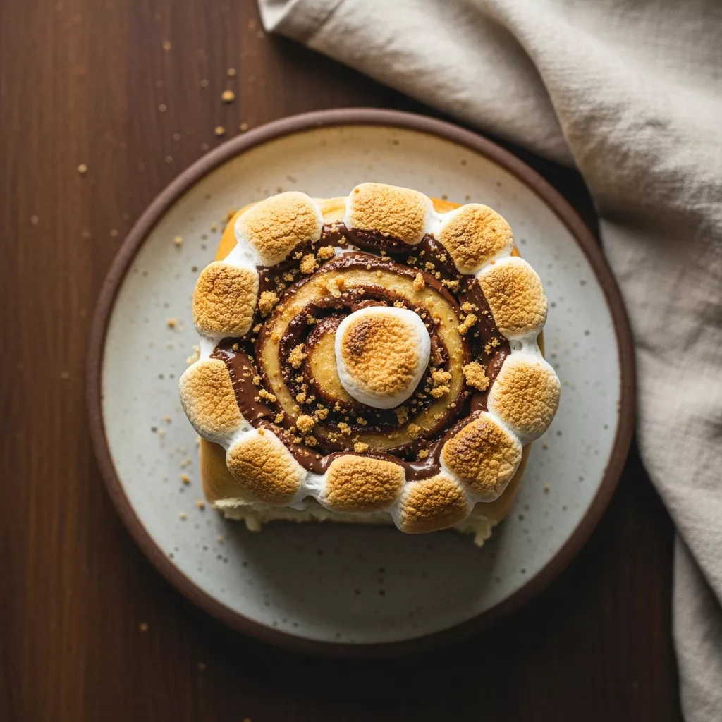 Close up overhead shot of a gooey smores rolls recipe topped with toasted marshmallow and chocolate