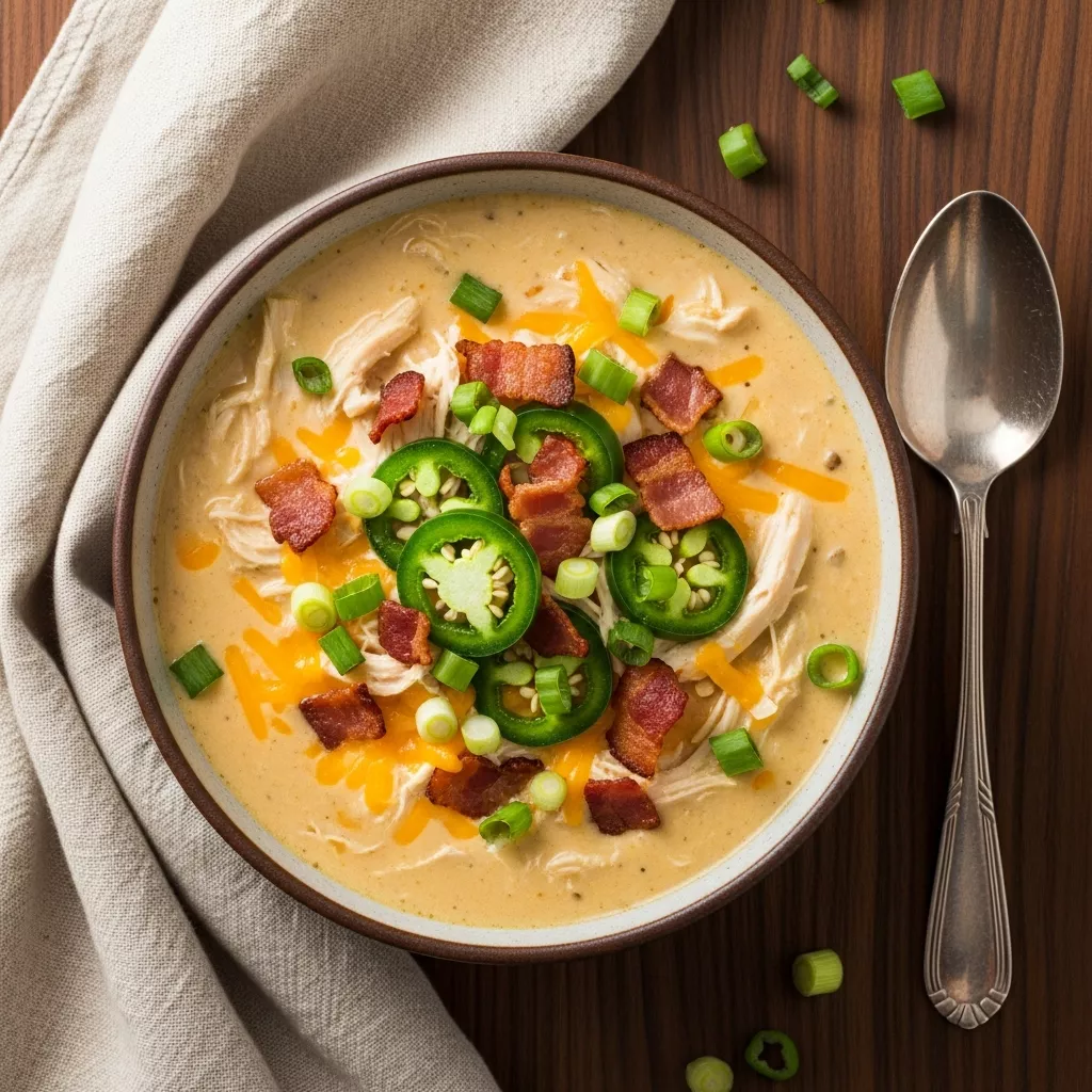 Bowl of creamy jalapeño popper chicken soup topped with crispy turkey turkey turkey bacon and green onions