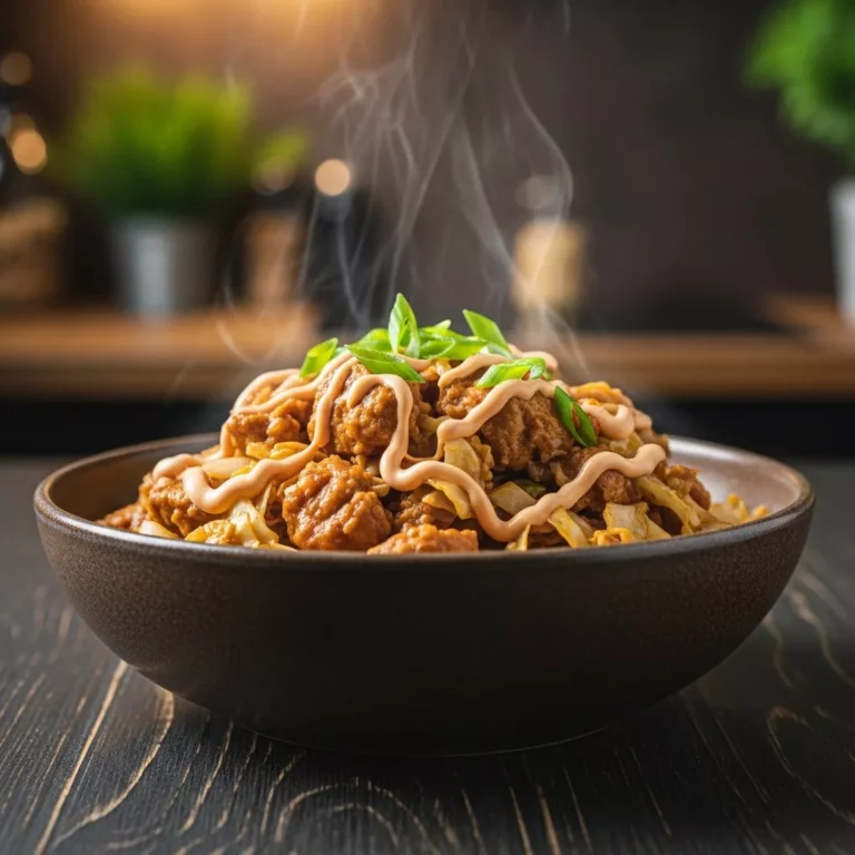 Side view of a ceramic bowl filled with cooked egg roll in a bowl mixture