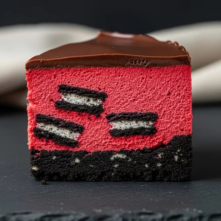 Side view of red velvet oreo cheesecake showing cookie chunks in the filling