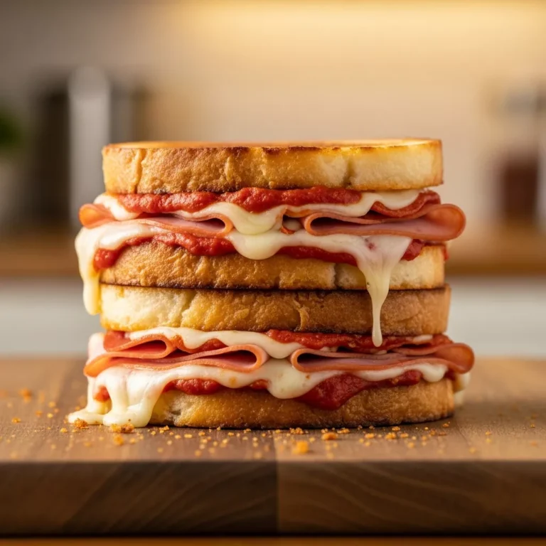 Side view of a stacked pizza grilled cheese showing layers of turkey turkey pepperoni and cheese