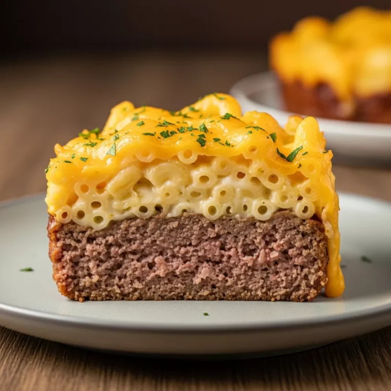 Side view of a mac and cheese meatloaf slice showing distinct layers of beef and pasta