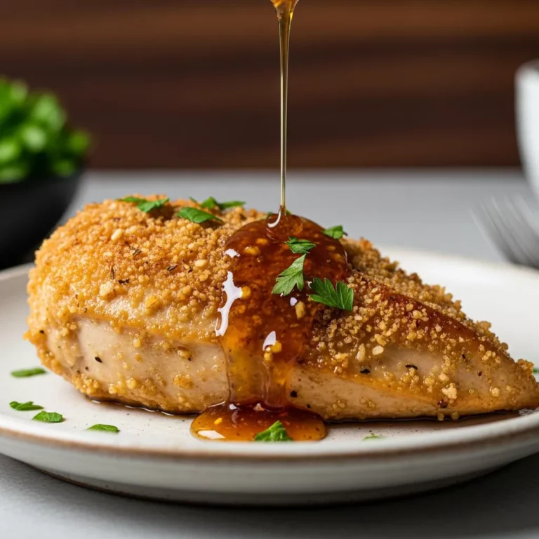 Side view of glazed honey garlic chicken breast showing texture