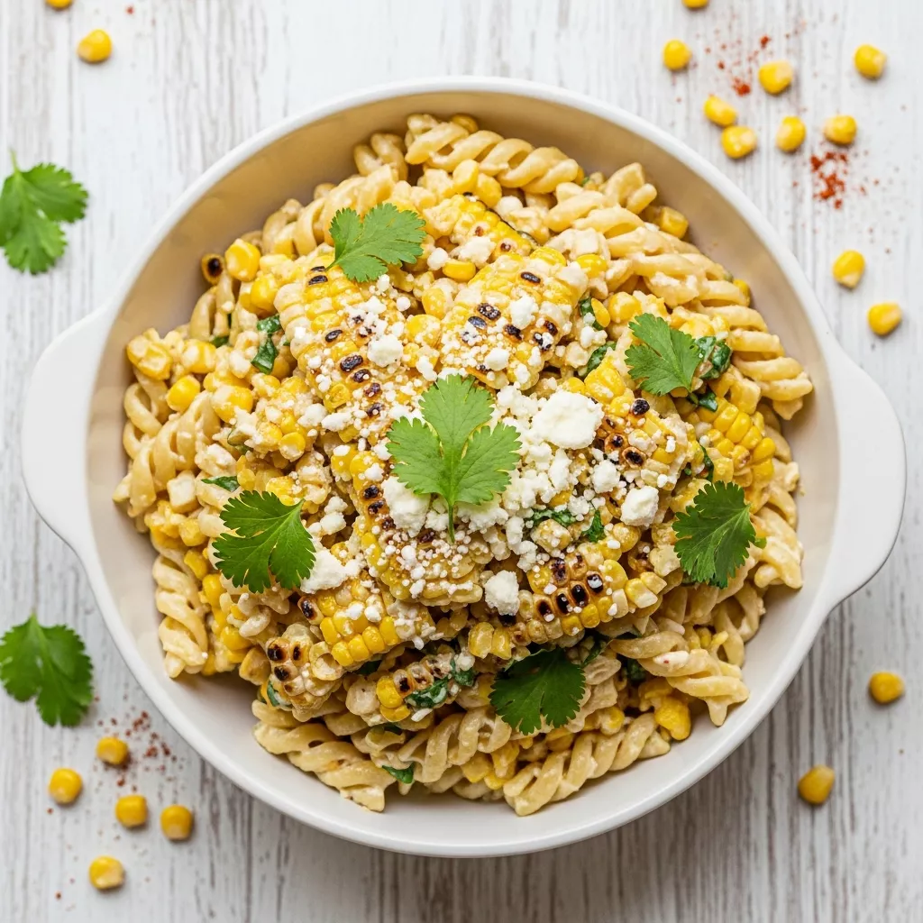 Delicious homemade mexican street corn pasta salad in a white bowl