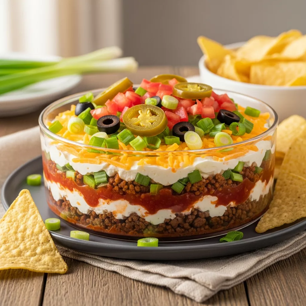 Delicious homemade texas trash dip served with tortilla chips