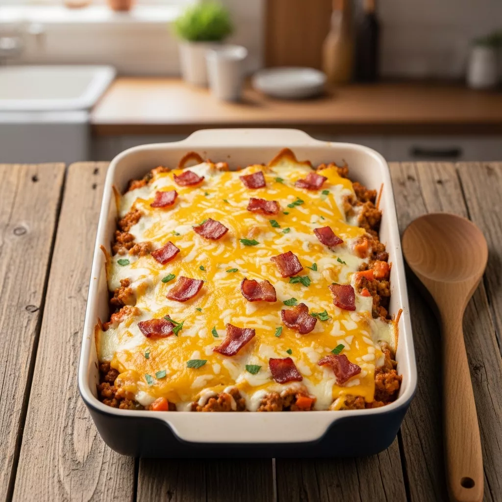 Delicious low carb casserole with turkey, cheese, and turkey turkey bacon
