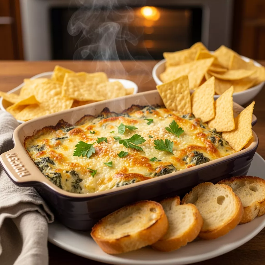 Creamy and delicious Houston's spinach artichoke dip served with tortilla chips and baguette slices
