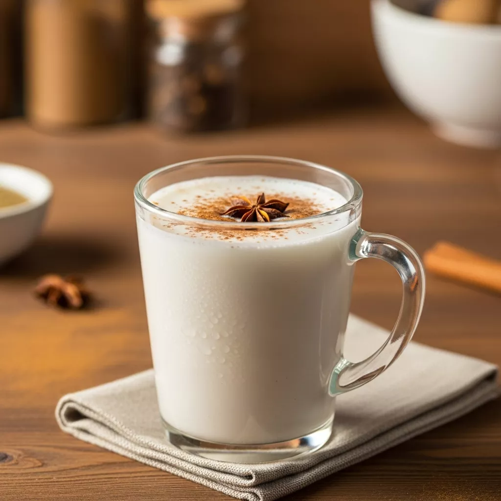 Close-up of a mug of chai spiced coconut milk with cinnamon and star anise
