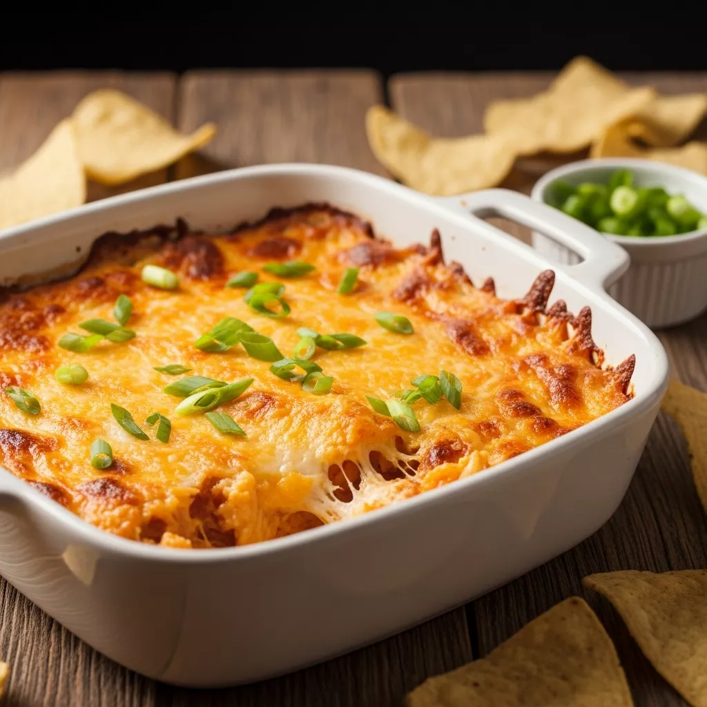 Close-up of delicious cheesy texas trash dip in a baking dish