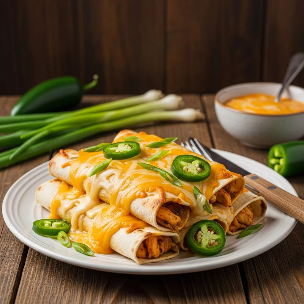 Delicious jalapeño chicken enchiladas with creamy sauce and melted cheese