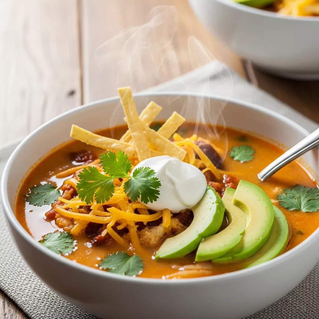 Close-up of a delicious bowl of chile relleno soup with toppings