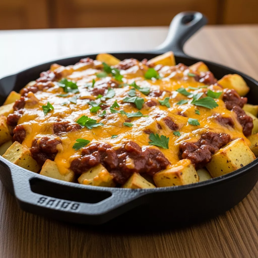 Delicious homemade sloppy joe potato skillet with melted cheese and parsley garnish
