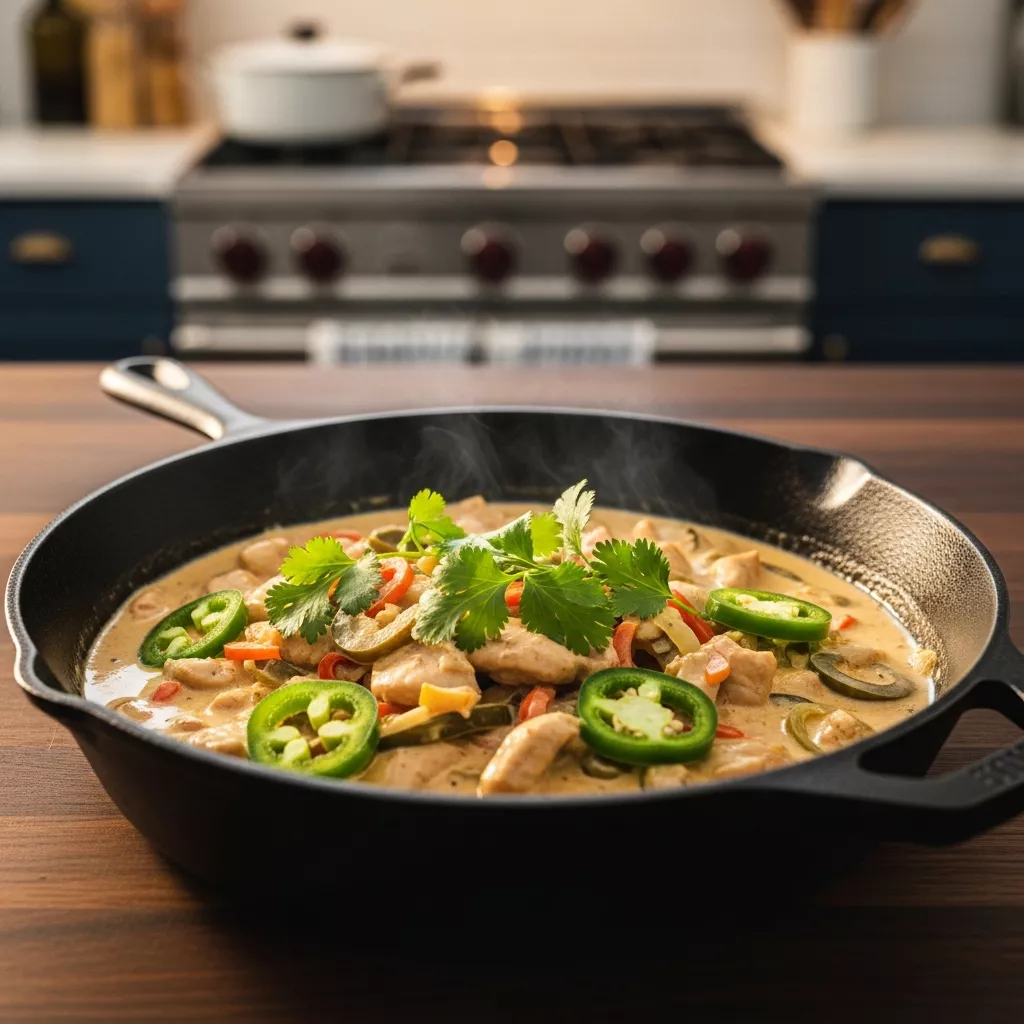 Close-up of delicious creamy jalapeño chicken skillet with cilantro garnish