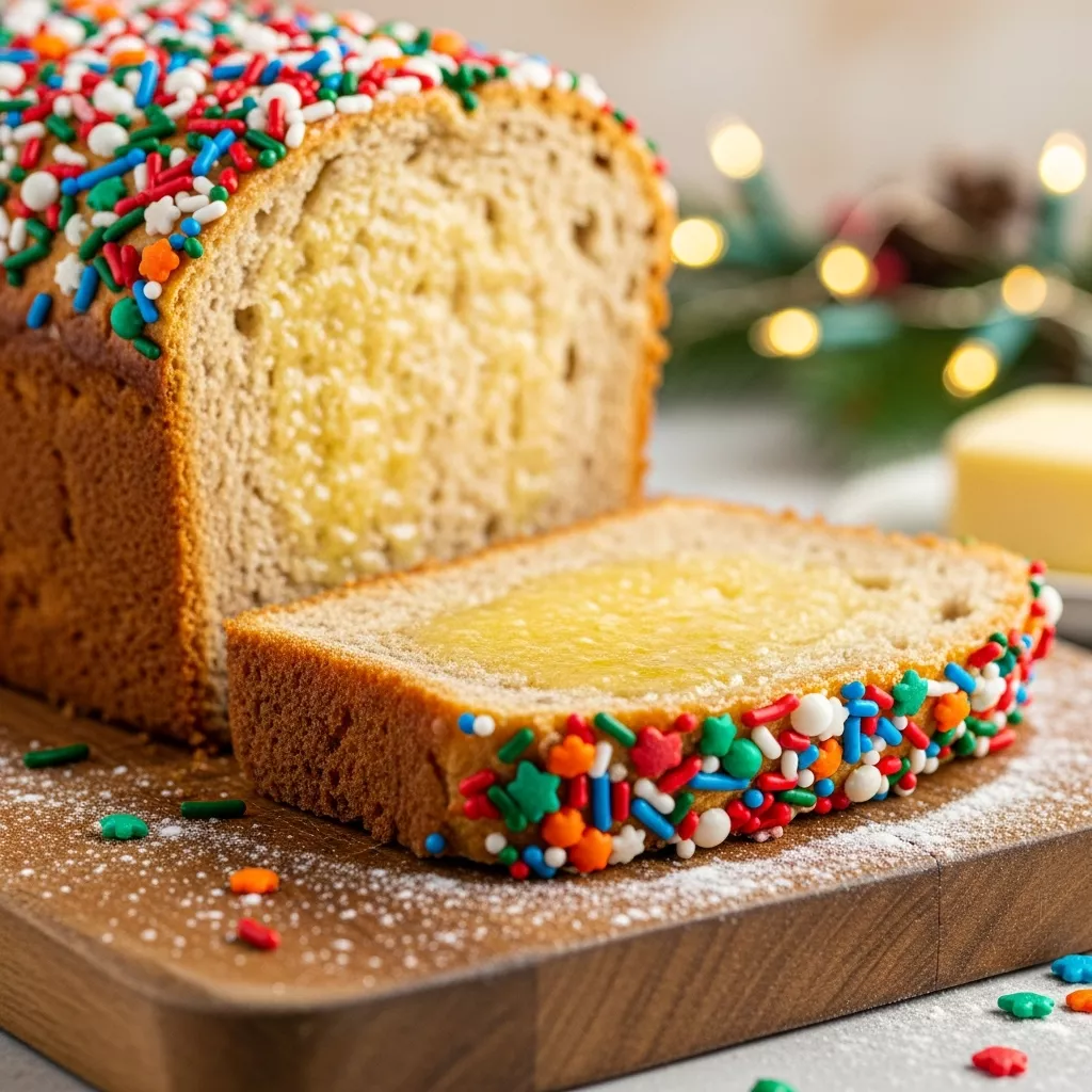 Close-up of a slice of christmas sprinkle buttermilk bread
