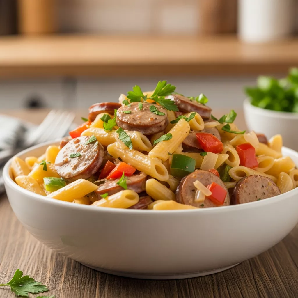 Close-up of creamy and delicious one-pot cajun sausage pasta