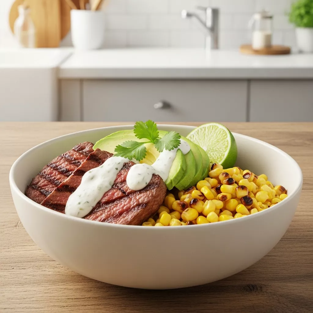Close-up of a delicious steak avocado corn bowl with cilantro cream