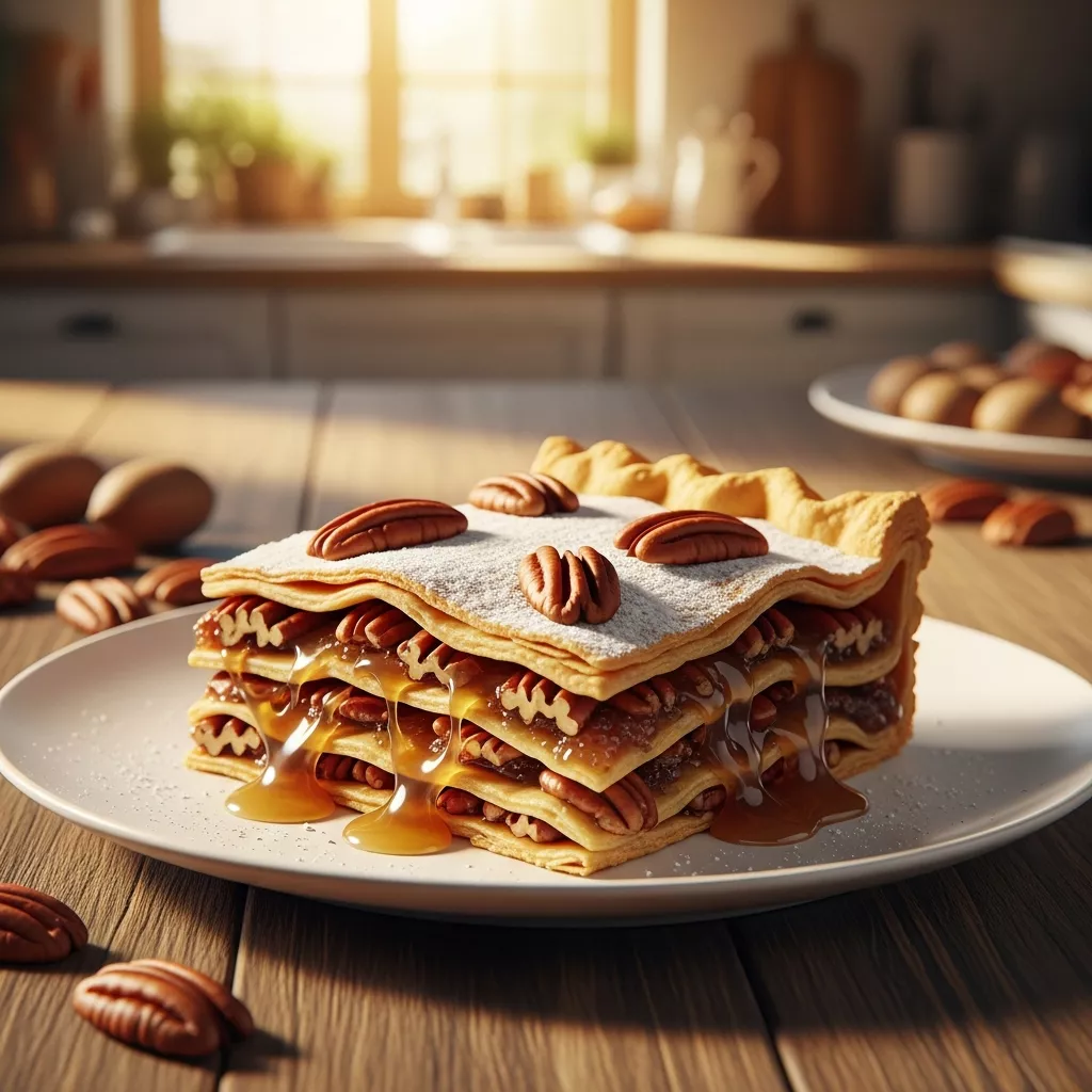 Close-up of a delicious slice of pecan pie lasagna