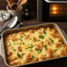 Close-up of a delicious French Onion Chicken Orzo Casserole