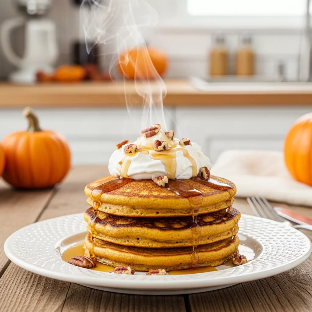Delicious stack of pumpkin pancakes recipe with whipped cream and pecans