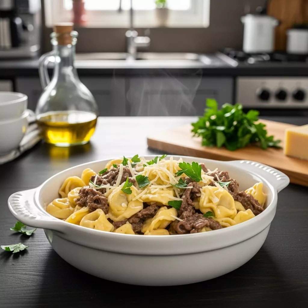 Close-up of creamy cheesesteak tortellini recipe in a bowl