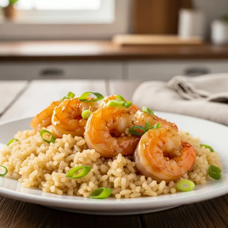 Honey garlic shrimp served on brown rice