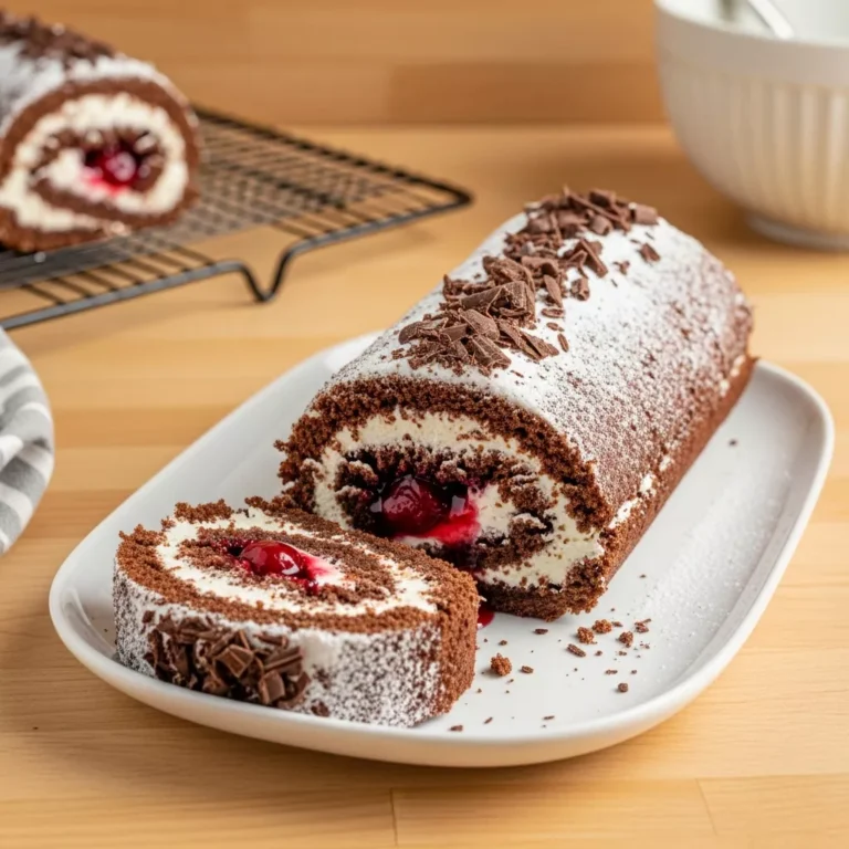 Close-up of a Black Forest Cake Roll showing the layers