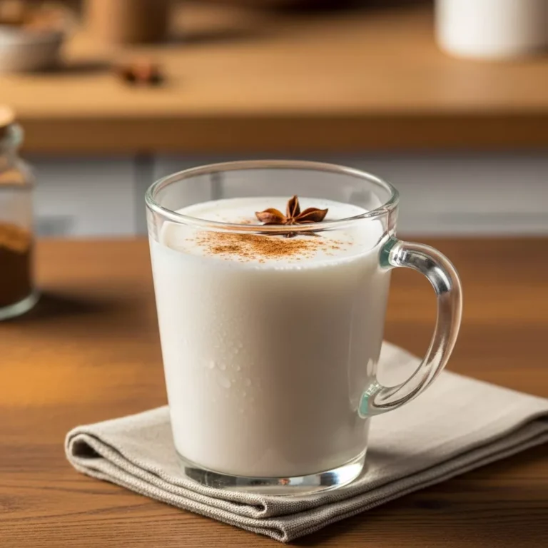 A mug of chai spiced coconut milk with cinnamon and star anise