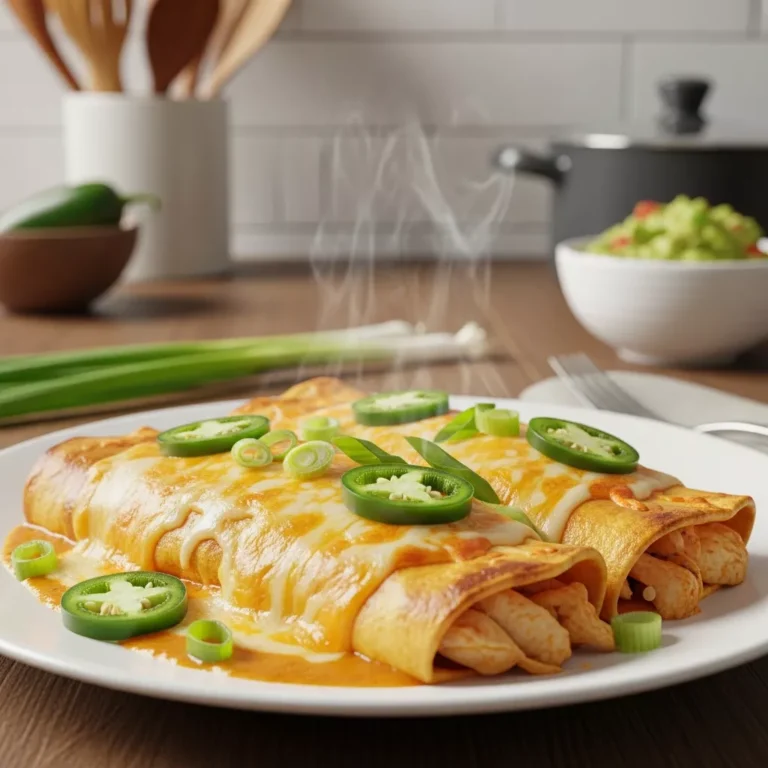 Close-up of cheesy jalapeño chicken enchiladas