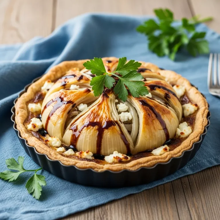 Whole tennessee onion tart in a tart pan with parsley garnish