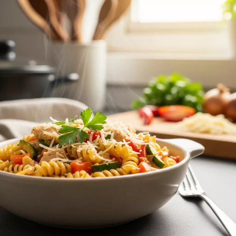 Chicken Pasta Primavera served in a bowl