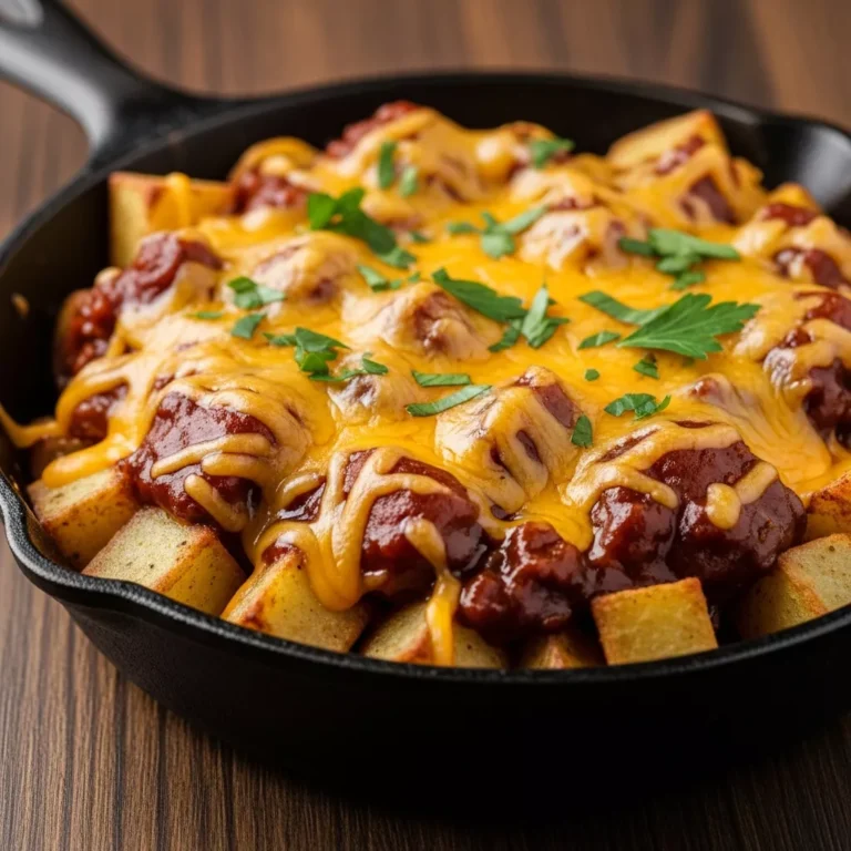 Close-up of a cheesy sloppy joe potato skillet with a side view