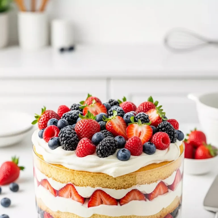 Close-up of a layered berry trifle cake
