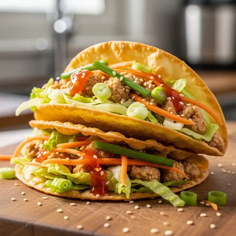 Crispy chicken wonton tacos on a cutting board