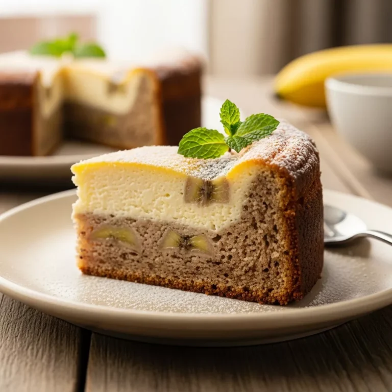 Side view of banana bread cheesecake slice