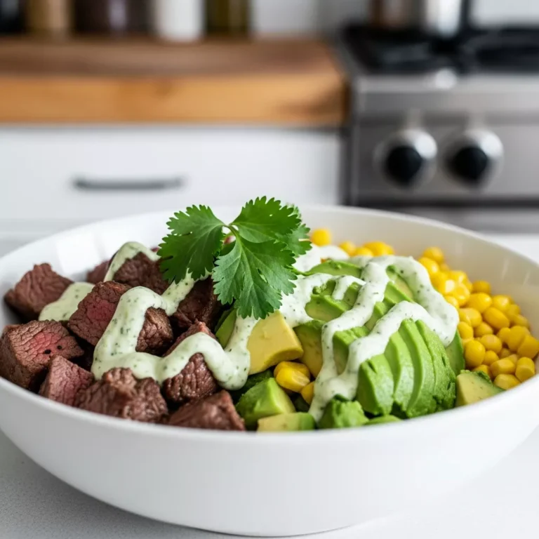 Steak avocado corn bowl with cilantro cream recipe