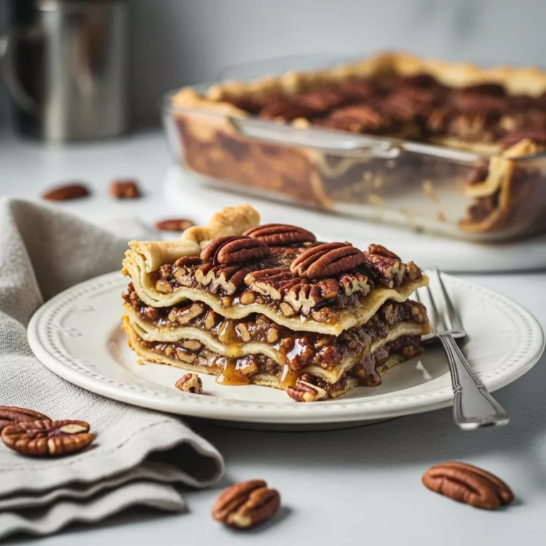 Slice of homemade pecan pie lasagna