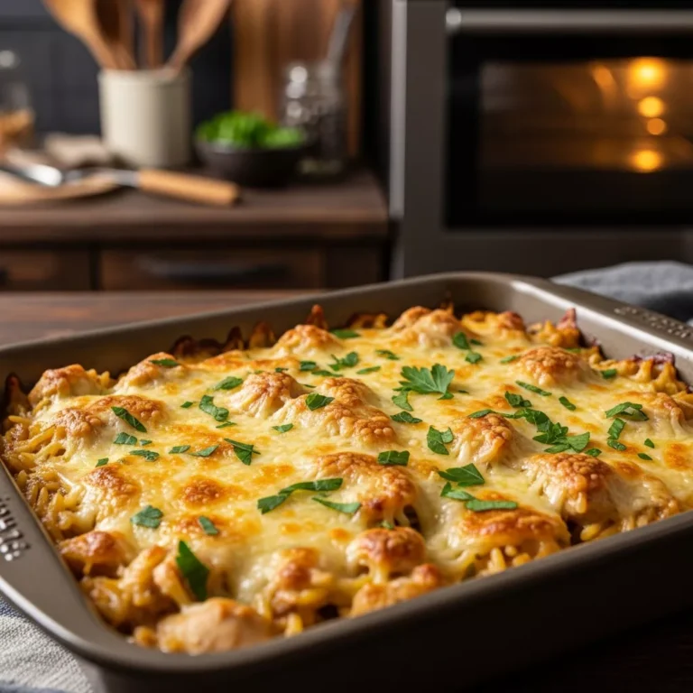 Side view of a baked French Onion Chicken Orzo Casserole